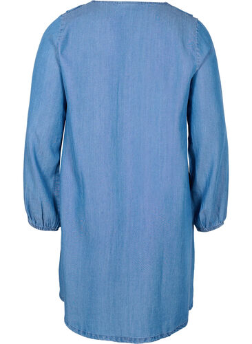 Denim jurk met v-hals en ruches, Blue denim, Packshot image number 1