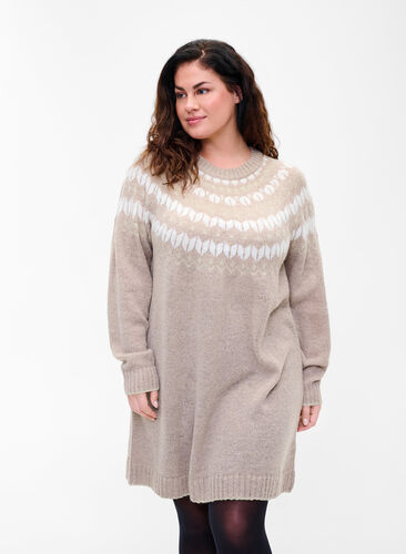 Gebreide jurk met motief en wol, Simply Taupe Comb, Model image number 0
