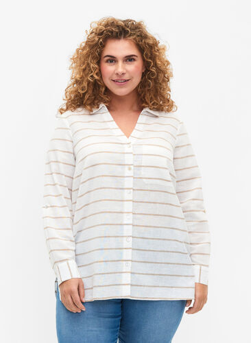 Overhemdblouse met knoopsluiting, White Taupe Stripe, Model image number 0