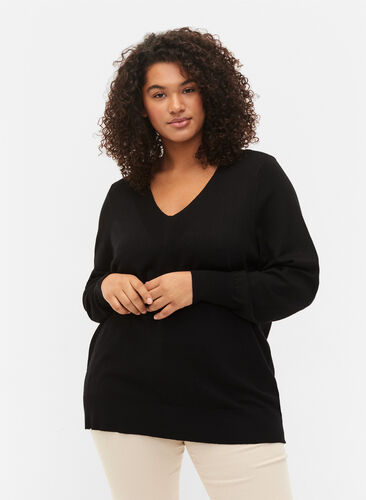 Gebreide blouse van viscose met v-hals, Black, Model image number 0
