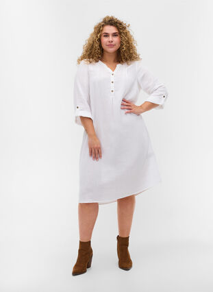Katoenen jurk met 3/4 mouwen, Bright White, Model image number 2