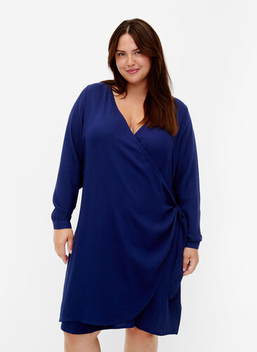 Viscose jurk met lange mouwen en wikkel-look, Medieval Blue, Model image number 0