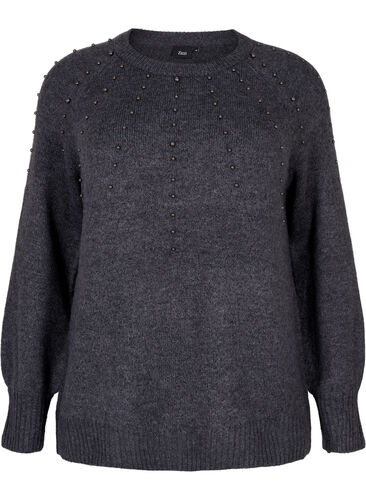 Gebreide blouse met parels, Dark Grey Melange, Packshot image number 0