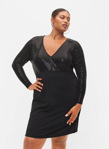 Nauwsluitende jurk met glitterstructuur, Black, Model image number 0