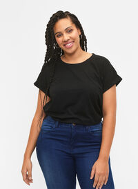 T-shirt met korte mouwen van katoenmix, Black, Model