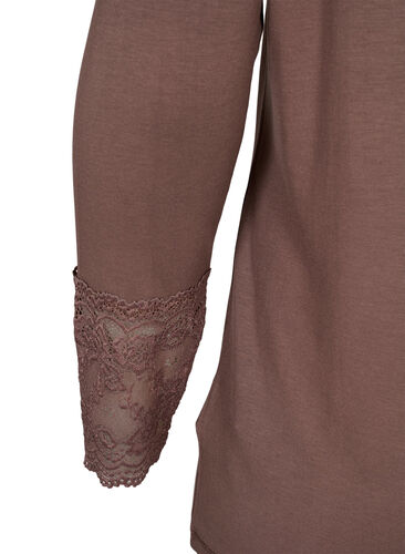 Viscose blouse met lange mouwen en kantdetails, Deep Taupe, Packshot image number 3
