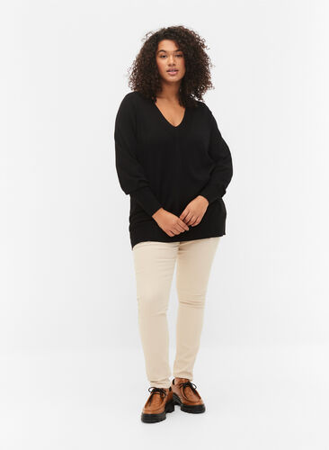Gebreide blouse van viscose met v-hals, Black, Model image number 2