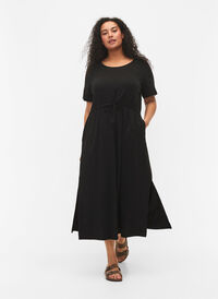 Katoenen midi-jurk met korte mouwen, Black Solid, Model