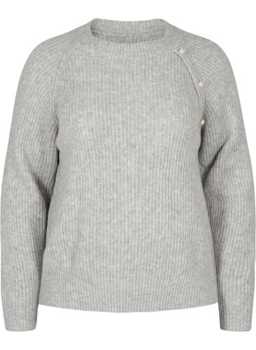 Gemêleerd gebreide trui met parelknopen, Light Grey Melange, Packshot image number 0