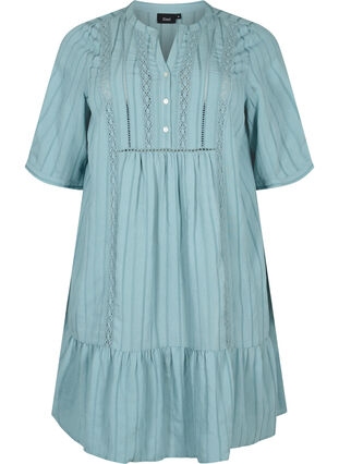 Gestreepte viscose jurk met kanten lint, Smoke Blue, Packshot image number 0