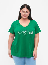 Katoenen t-shirt met tekstopdruk en v-hals, Jolly Green ORI, Model