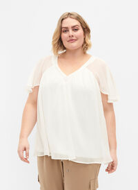 Effen blouse met vleermuismouwen en v-hals, Warm Off-white, Model