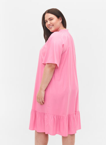 Viscose jurk met korte mouwen en v-hals, Aurora Pink, Model image number 1