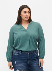 Effen blouse met v-hals, Mallard Green, Model