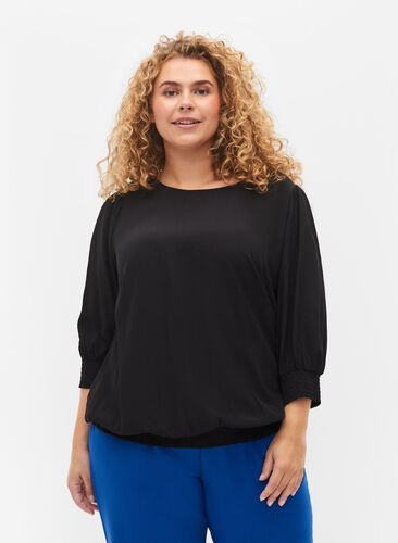 Effen viscose blouse met balloneffect, Black, Model image number 0