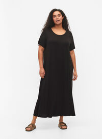 Midi-jurk van viscose met korte mouwen, Black, Model