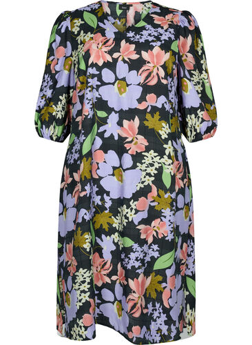 Gebloemde viscose midi-jurk met 3/4-mouwen, Purple Green Flower, Packshot image number 0