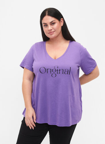 Katoenen t-shirt met tekstopdruk en v-hals, Deep Lavender ORI, Model image number 0