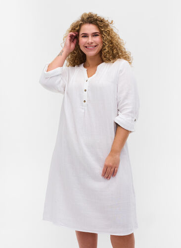 Katoenen jurk met 3/4 mouwen, Bright White, Model image number 0