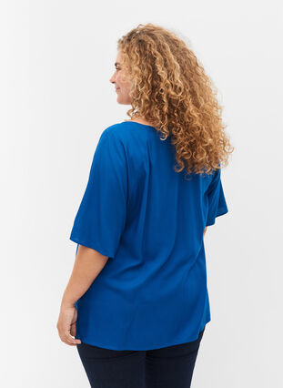 Viscose blouse met korte mouwen en touwtjes detail, Classic Blue, Model image number 1