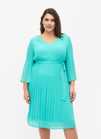 Geplooide jurk met 3/4 mouwen, Turquoise, Model