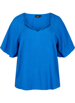 Viscose blouse met korte mouwen en touwtjes detail, Classic Blue, Packshot image number 0