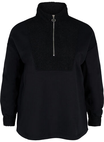 Sweater met hoge hals, teddy stof en ritssluiting, Black, Packshot image number 0