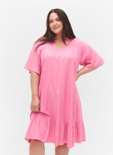 Viscose jurk met korte mouwen en v-hals, Aurora Pink, Model image number 0