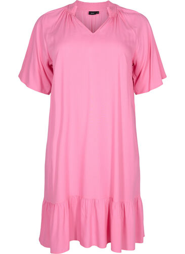 Viscose jurk met korte mouwen en v-hals, Aurora Pink, Packshot image number 0